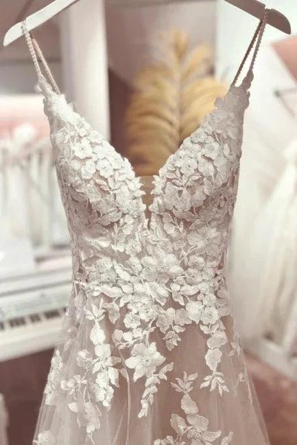 Classic v-neck spaghetti straps sleeveless a-line lace Wedding dresses (ZD14858)