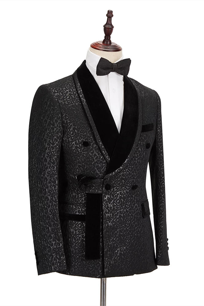 Classic Velvet Lapel Double Breasted Prom Suit Belt Leopard Black Jacquard Men's Suit for Wedding