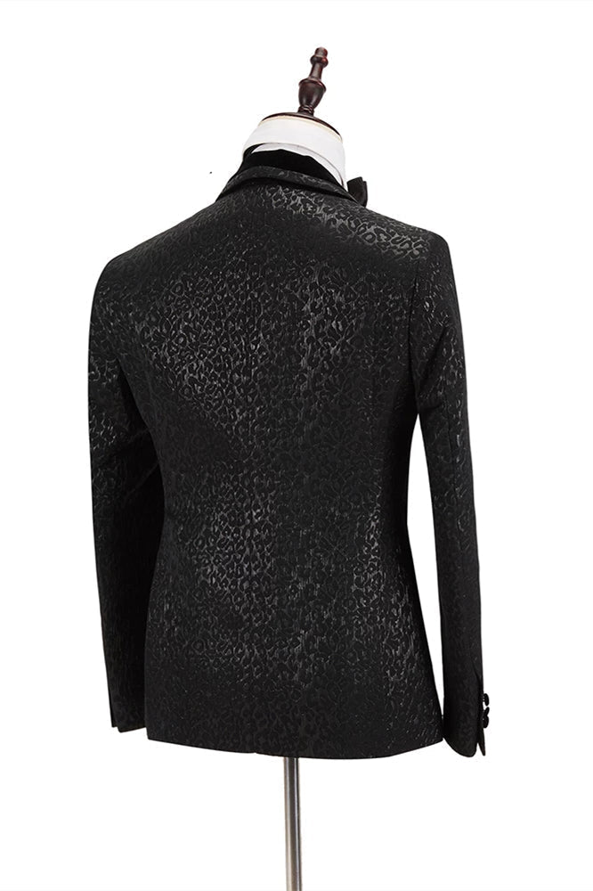 Classic Velvet Lapel Double Breasted Prom Suit Belt Leopard Black Jacquard Men's Suit for Wedding
