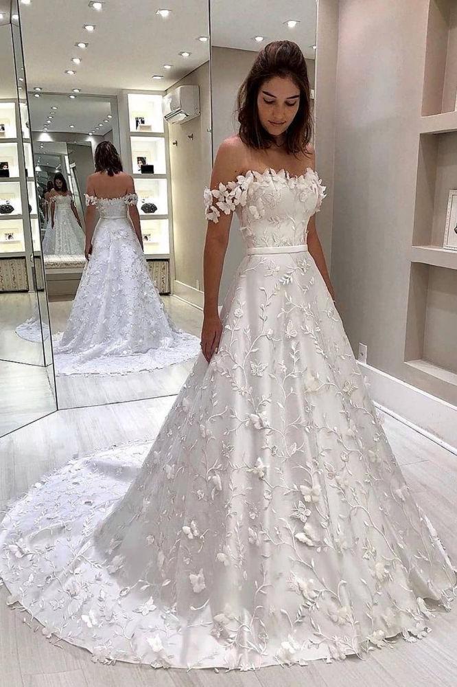 Classic White Strapless Off-the-Shoulder Court Train Princess Wedding Dress