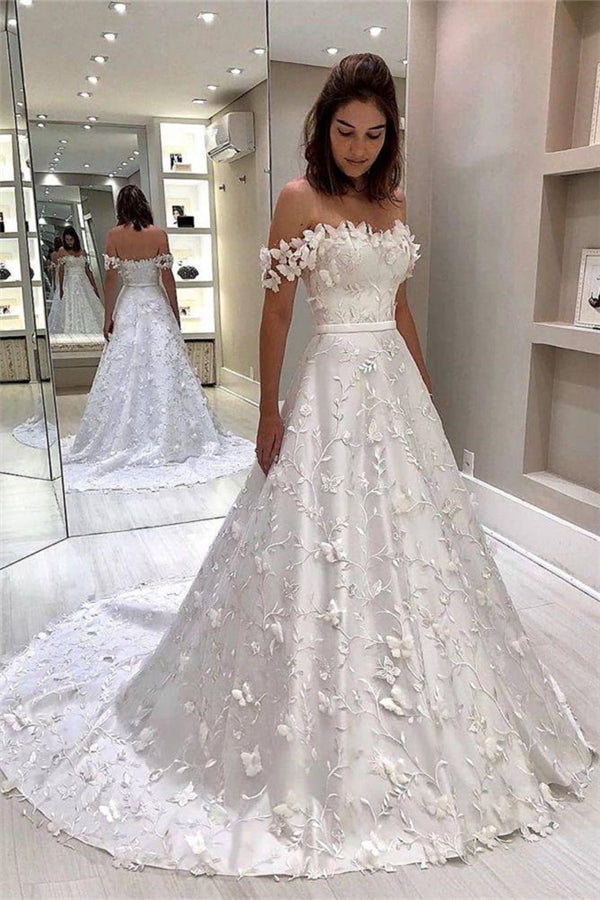 Classic White Strapless Off-the-Shoulder Court Train Princess Wedding Dress