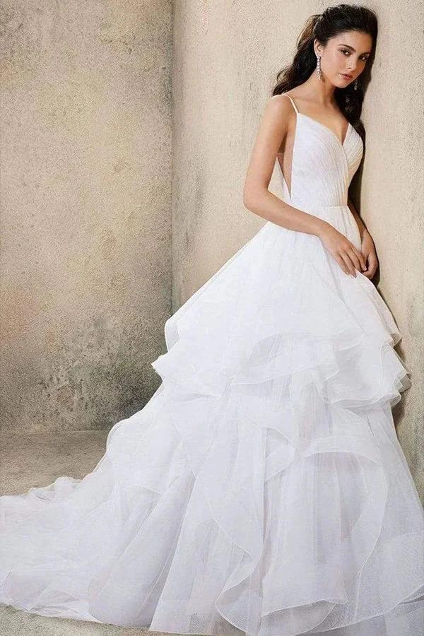 ClassicSpaghetti-Straps V-Neck Wedding Dress Ruffles Chiffon Tulle Designer Bridal Dress (ZD13837)