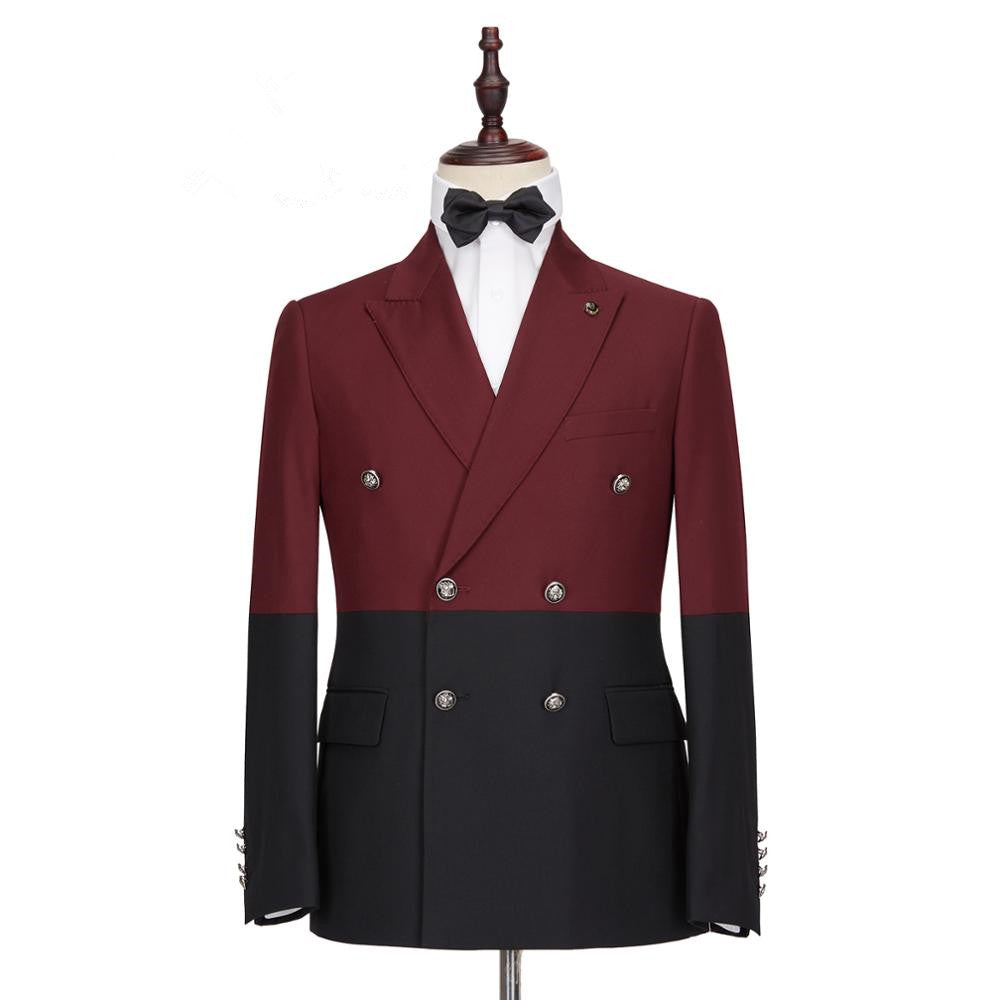 Classy Burgundy and Black Double Breasted Peaked Lapel Men Suits for Prom
