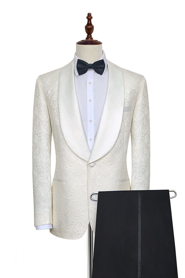 Classy Jacquard White Tuxedos for Wedding Silk Shawl Lapel One Button Wedding Suit for Men