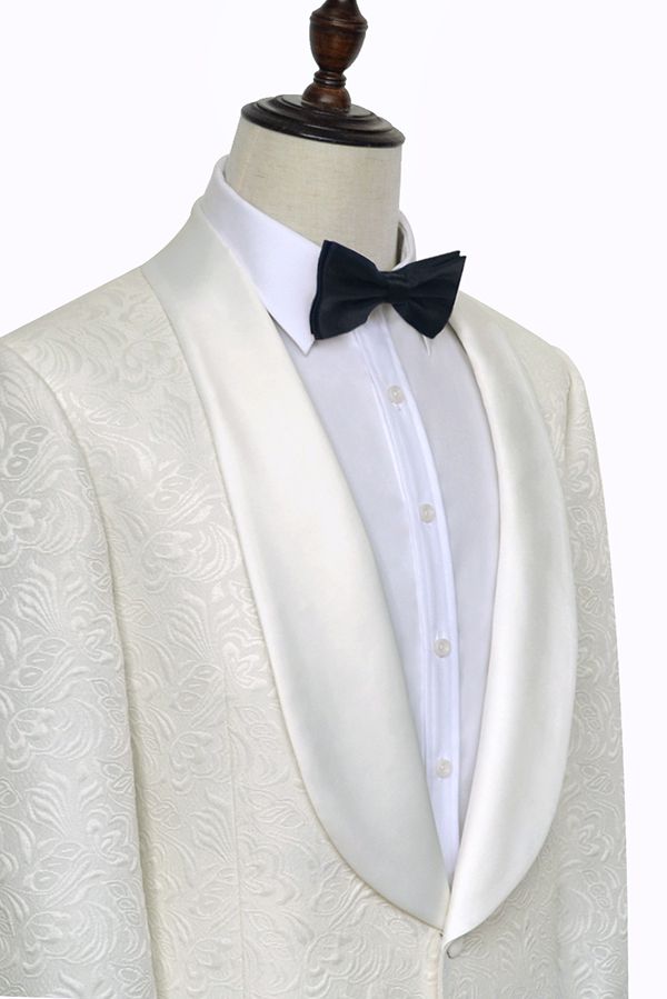 Classy Jacquard White Tuxedos for Wedding Silk Shawl Lapel One Button Wedding Suit for Men