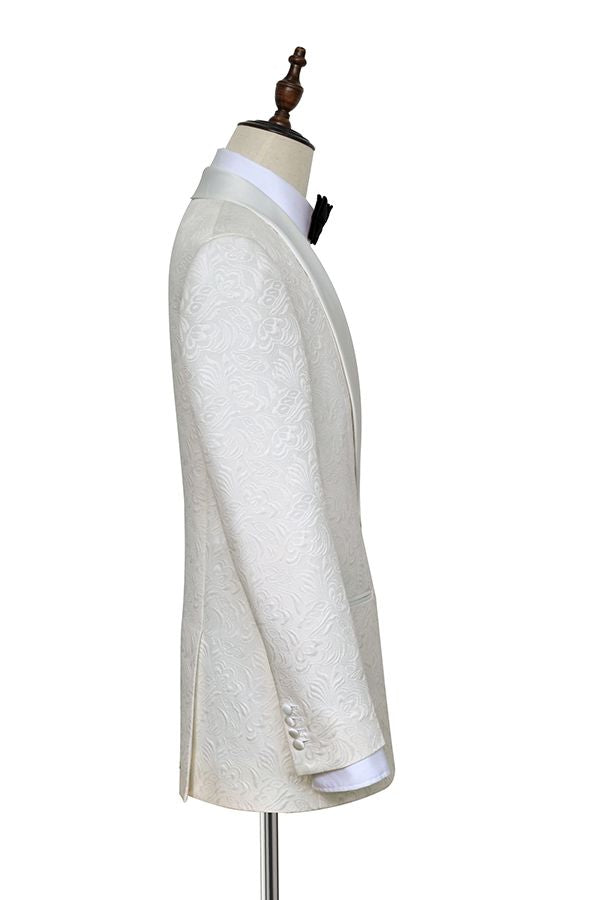 Classy Jacquard White Tuxedos for Wedding Silk Shawl Lapel One Button Wedding Suit for Men