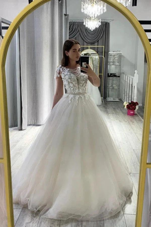 Classy Long A-Line Bateau Appliques Lace Tulle Wedding Dress With Bowknot Sash (ZD15083)