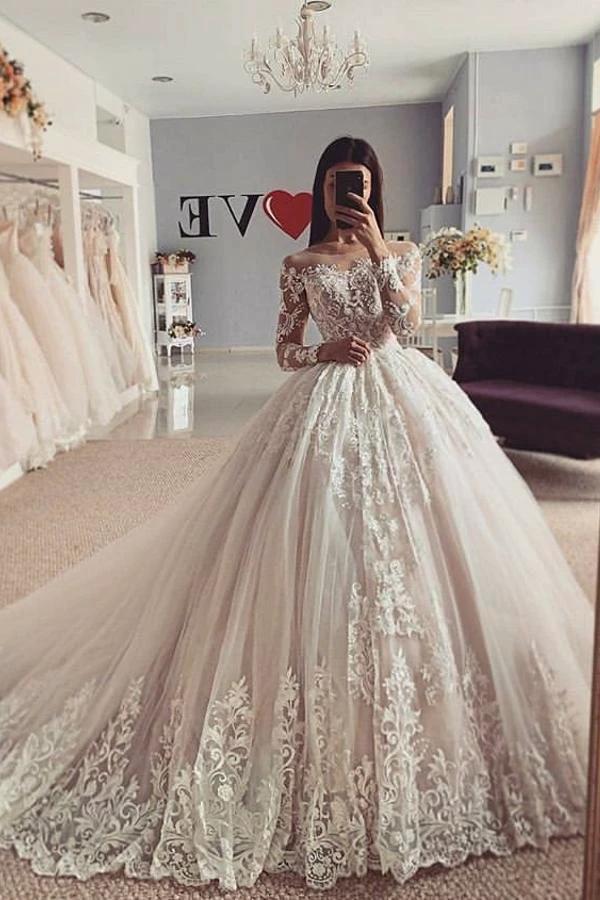 Classy Long A-Line Bateau Appliques Lace Tulle Wedding Dress with Sleeves (ZD15053)