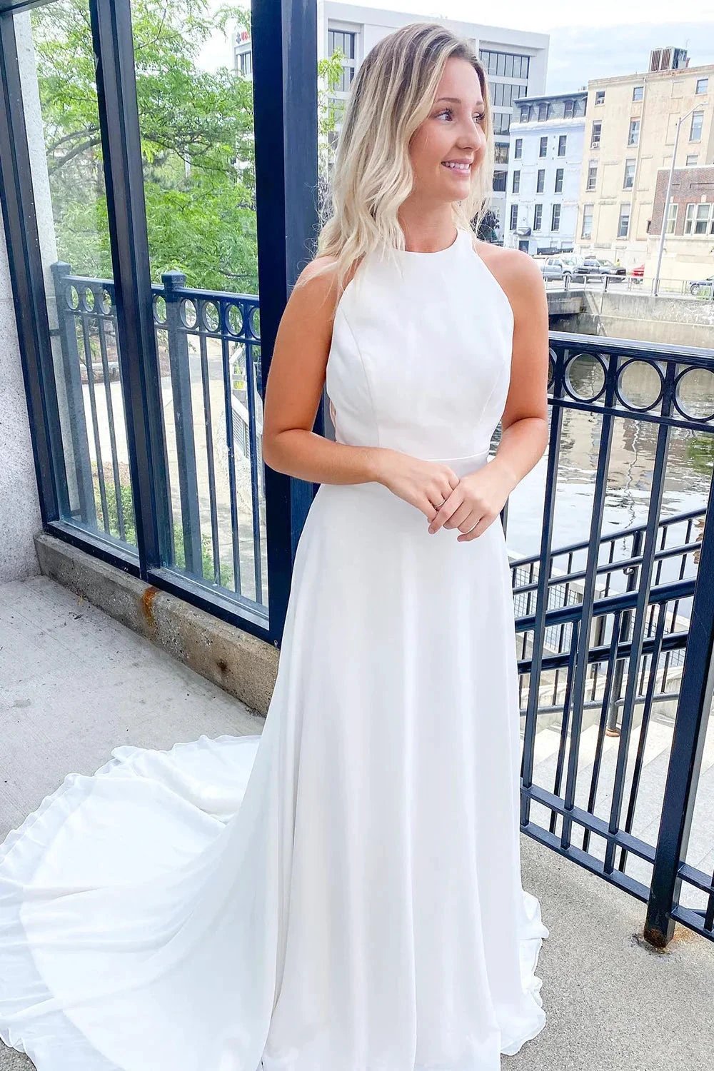 Classy Long A-line Halter Open Back Satin Wedding Dress (ZD14299)