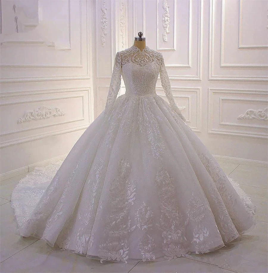 Classy Long A-line High Neck Appliques Lace Pearl Sequins Ruffles Wedding Dress with Sleeves (ZD15139) - View 2 | VelvetHem
