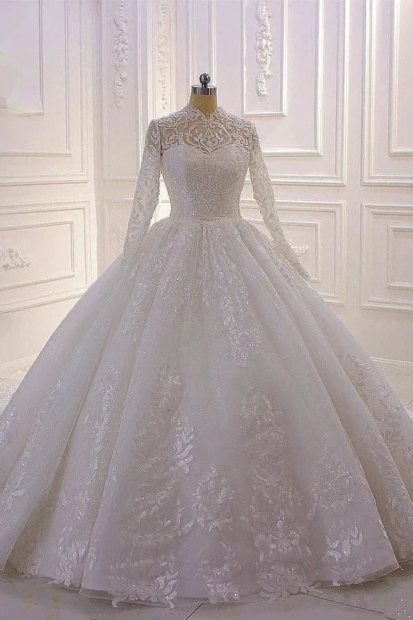 Classy Long A-line High Neck Appliques Lace Pearl Sequins Ruffles Wedding Dress with Sleeves (ZD15139) - VelvetHem