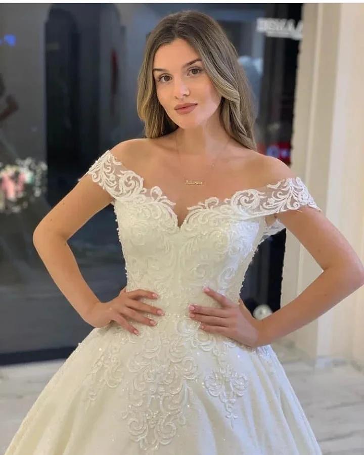Classy Long A-Line Off-the-Shoulder Appliques Lace Backless Wedding Dress (ZD15081)