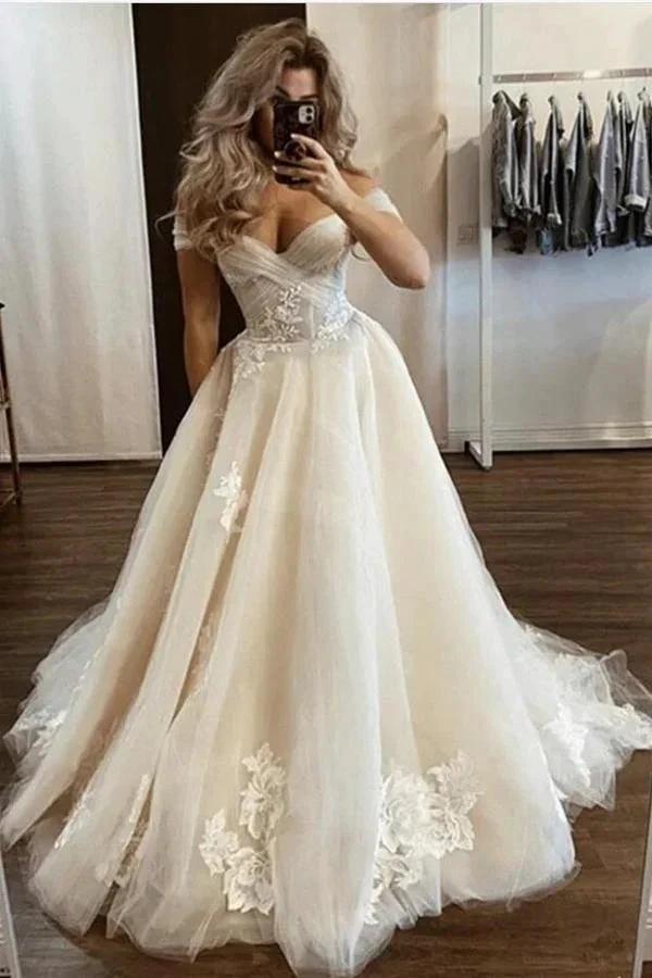 Classy Long A-line Off-the-shoulder Tulle Lace Wedding Dress (ZD15015)