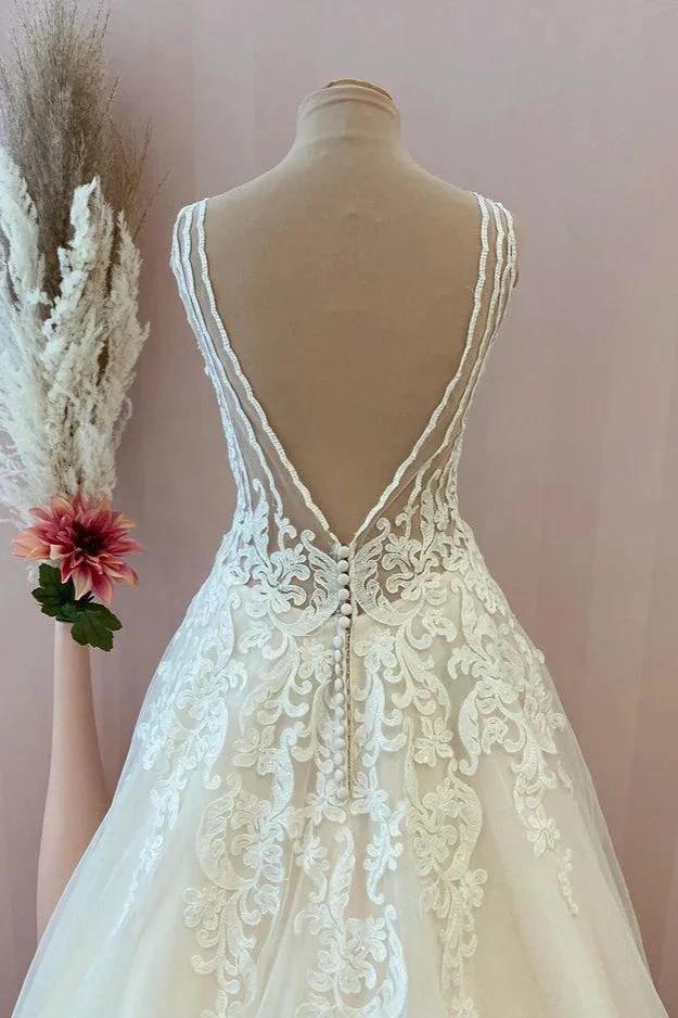 Classy Long A-Line Sweetheart Appliques Lace Tulle Backless Wedding Dress (ZD15221)