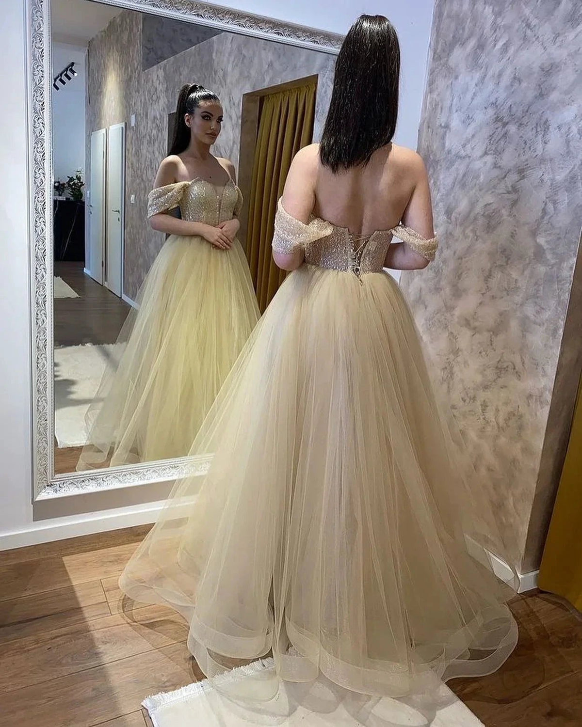 Classy Long A-Line Sweetheart Off-the-shoulder Beading Tulle Wedding Dress (ZD14329)