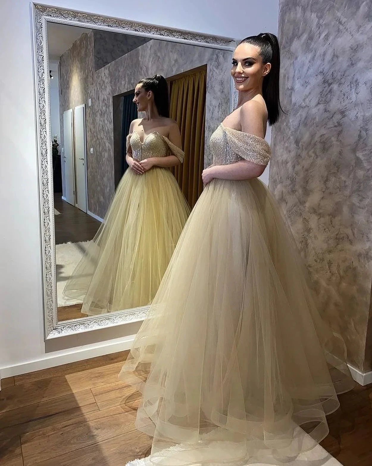 Classy Long A-Line Sweetheart Off-the-shoulder Beading Tulle Wedding Dress (ZD14329)