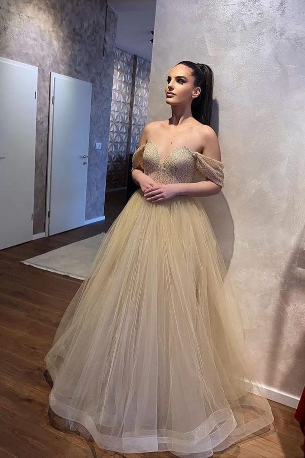 Classy Long A-Line Sweetheart Off-the-shoulder Beading Tulle Wedding Dress (ZD14329)