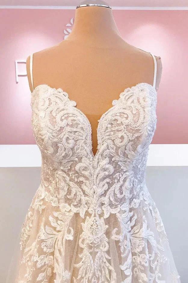 Classy Long A-Line Tulle Spaghetti Straps Appliques Lace Backless Wedding Dress (ZD15230)