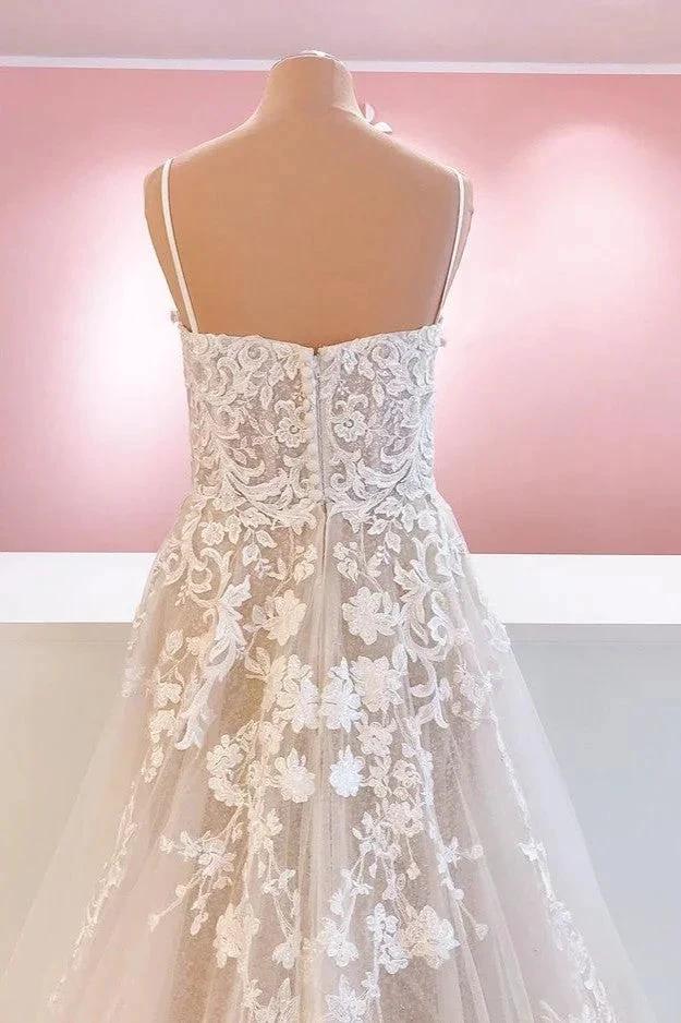 Classy Long A-Line Tulle Spaghetti Straps Appliques Lace Backless Wedding Dress (ZD15230)