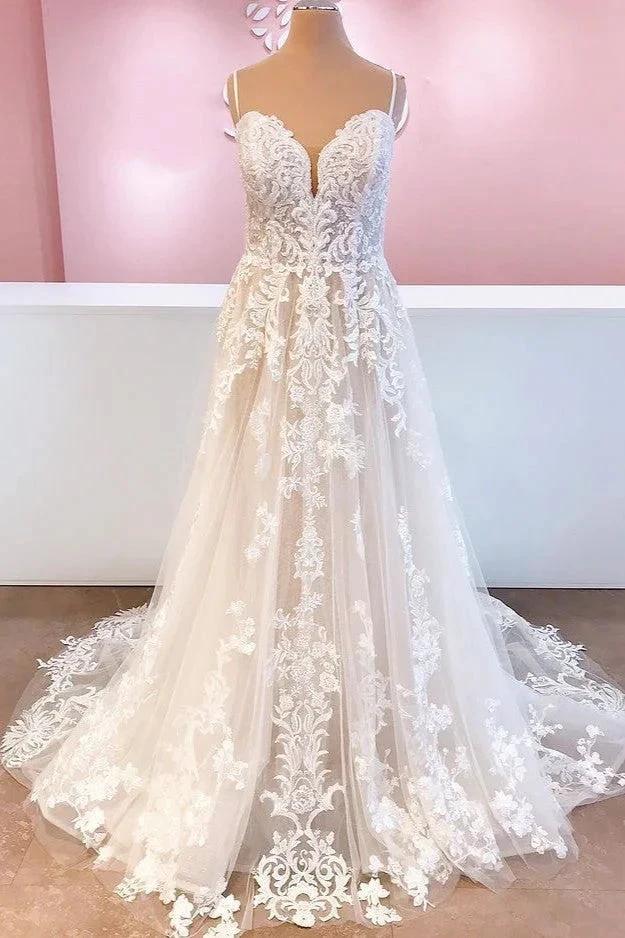 Classy Long A-Line Tulle Spaghetti Straps Appliques Lace Backless Wedding Dress (ZD15230)