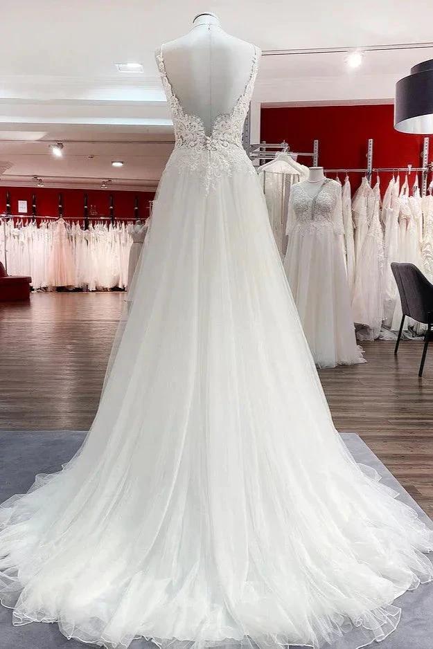 Classy Long A-line Tulle V Neck Sleeveless Lace Wedding Dress (ZD15247) - View 2 | VelvetHem