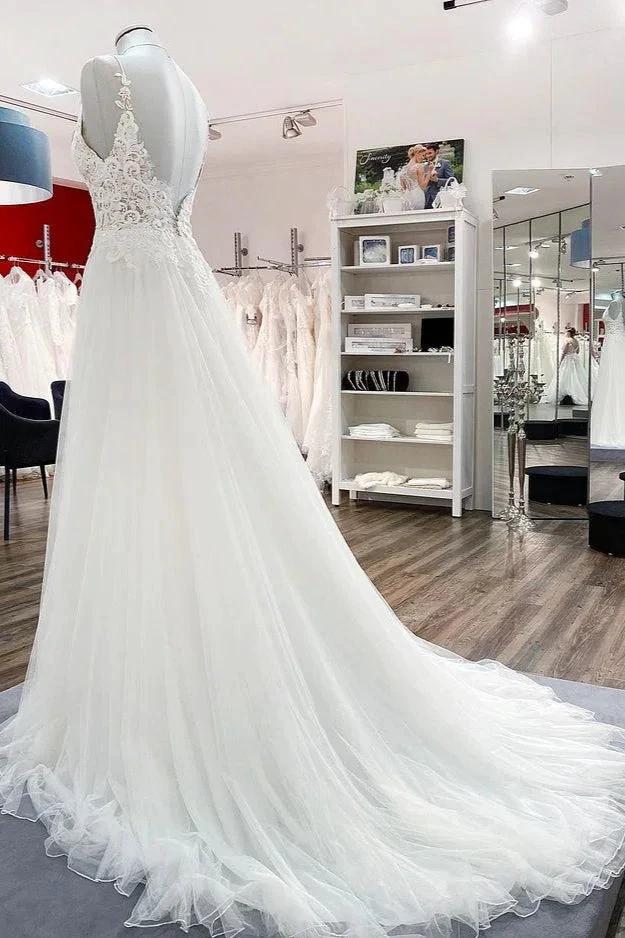 Classy Long A-line Tulle V Neck Sleeveless Lace Wedding Dress (ZD15247)