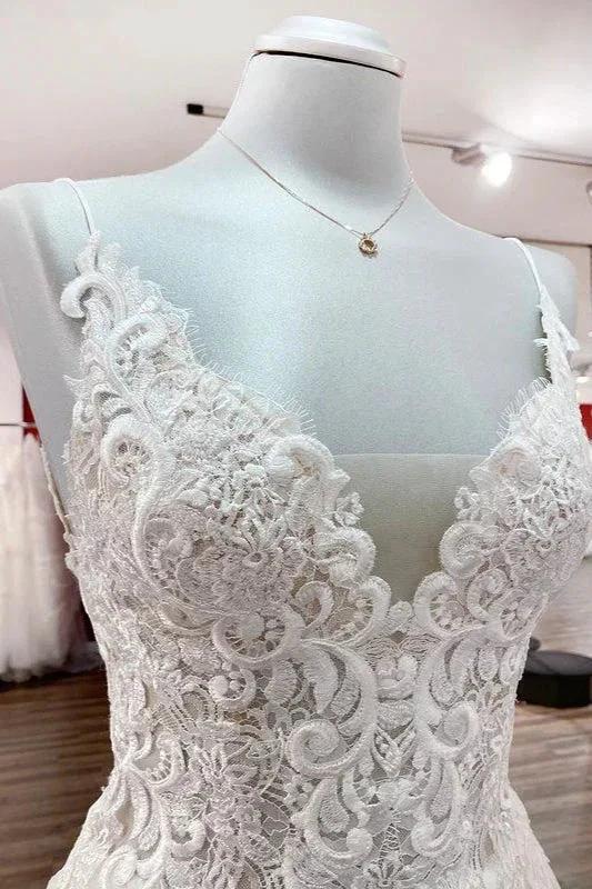 Classy Long A-line Tulle V Neck Sleeveless Lace Wedding Dress (ZD15247)