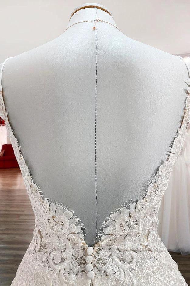Classy Long A-line Tulle V Neck Sleeveless Lace Wedding Dress (ZD15247)