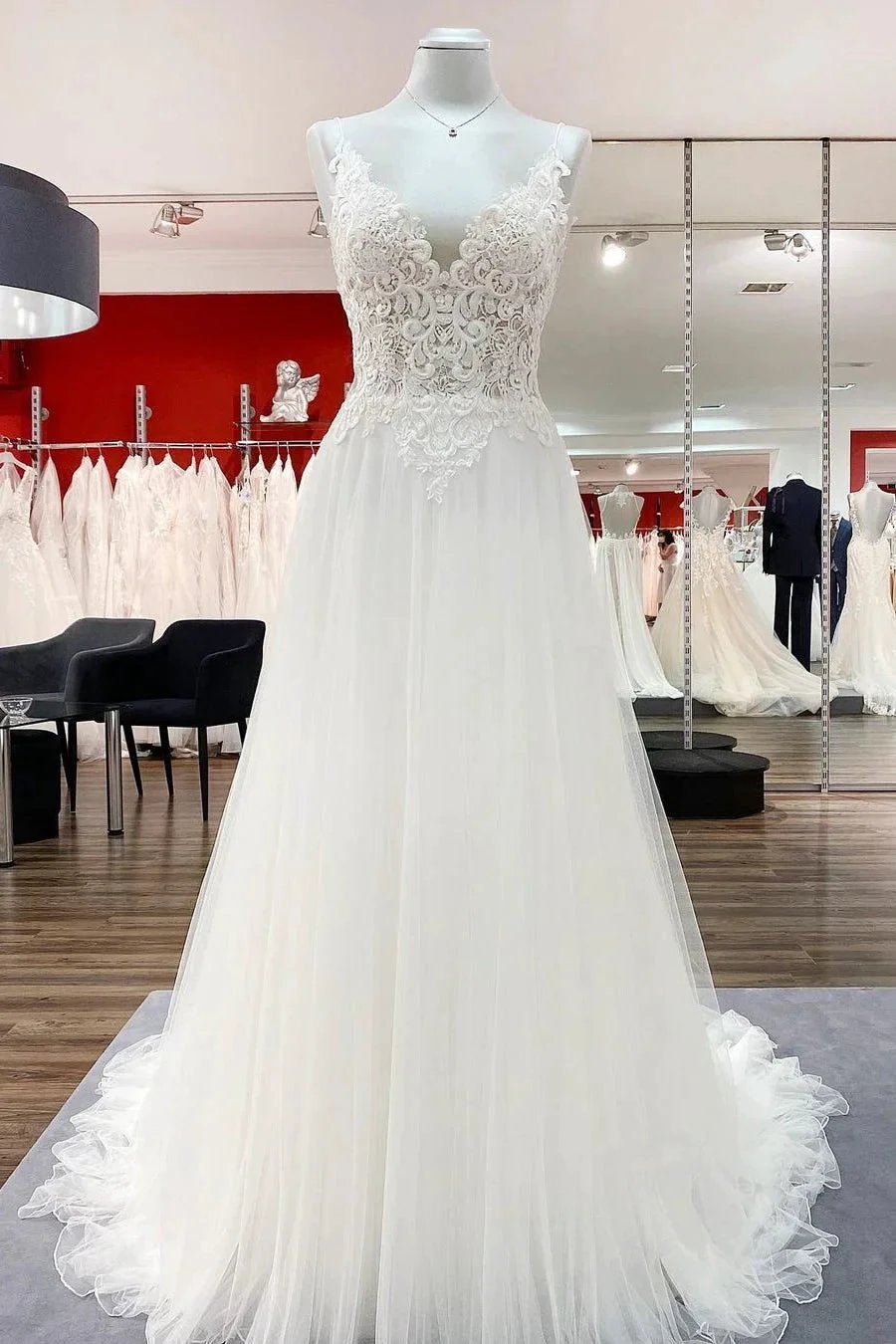 Classy Long A-line Tulle V Neck Sleeveless Lace Wedding Dress (ZD15247) - VelvetHem