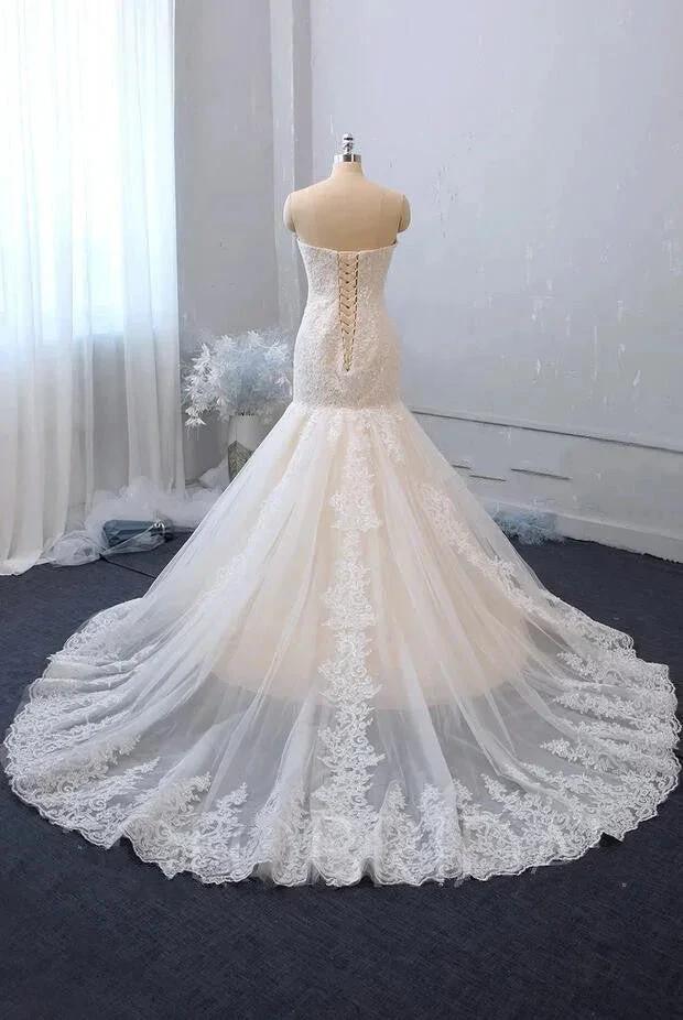 Classy Long Mermaid Sweetheart Backless Appliques Lace Tulle Wedding Dress (ZD15095)