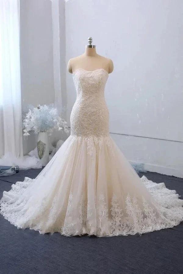 Classy Long Mermaid Sweetheart Backless Appliques Lace Tulle Wedding Dress (ZD15095)