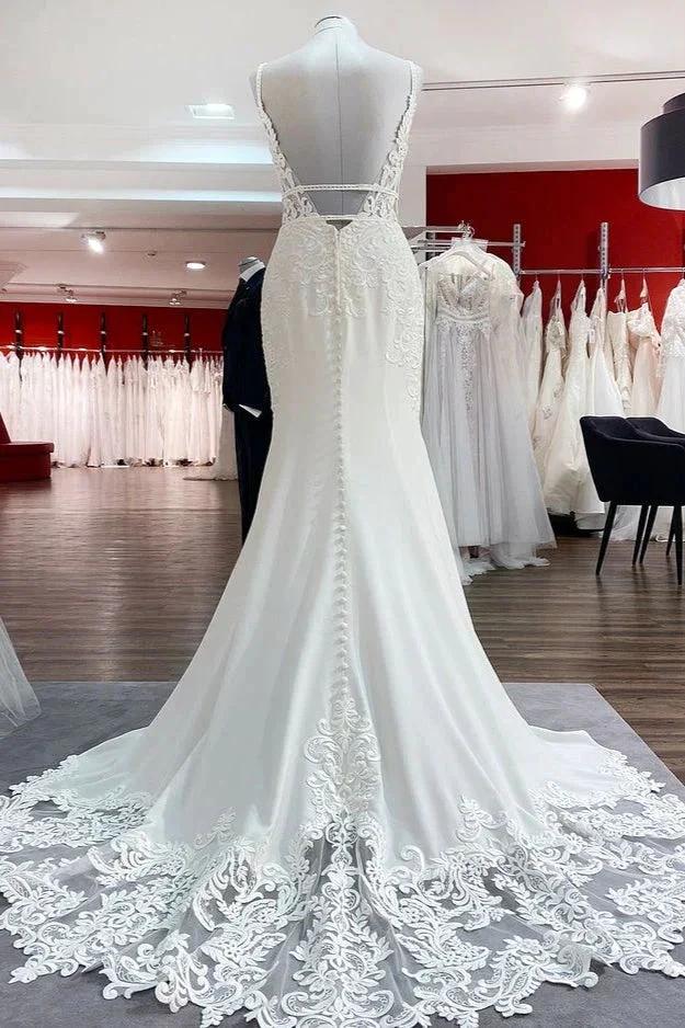 Classy Long Mermaid V-neck Satin Open Back Wedding Dress with Lace Appliques (ZD15271) - View 2 | VelvetHem