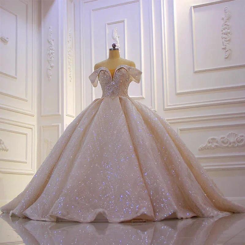 Classy Long Off the Shoulder Sequin Beading Satin Ball Gown Wedding Dress (ZD15189)
