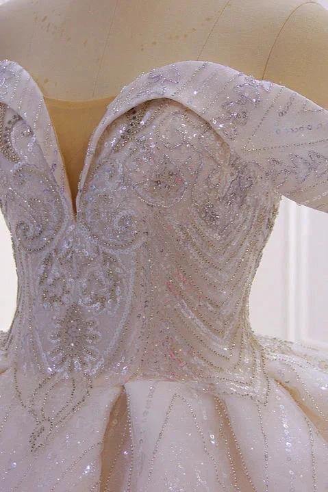 Classy Long Off the Shoulder Sequin Beading Satin Ball Gown Wedding Dress (ZD15189) - View 4 | VelvetHem