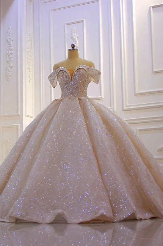 Classy Long Off the Shoulder Sequin Beading Satin Ball Gown Wedding Dress (ZD15189)