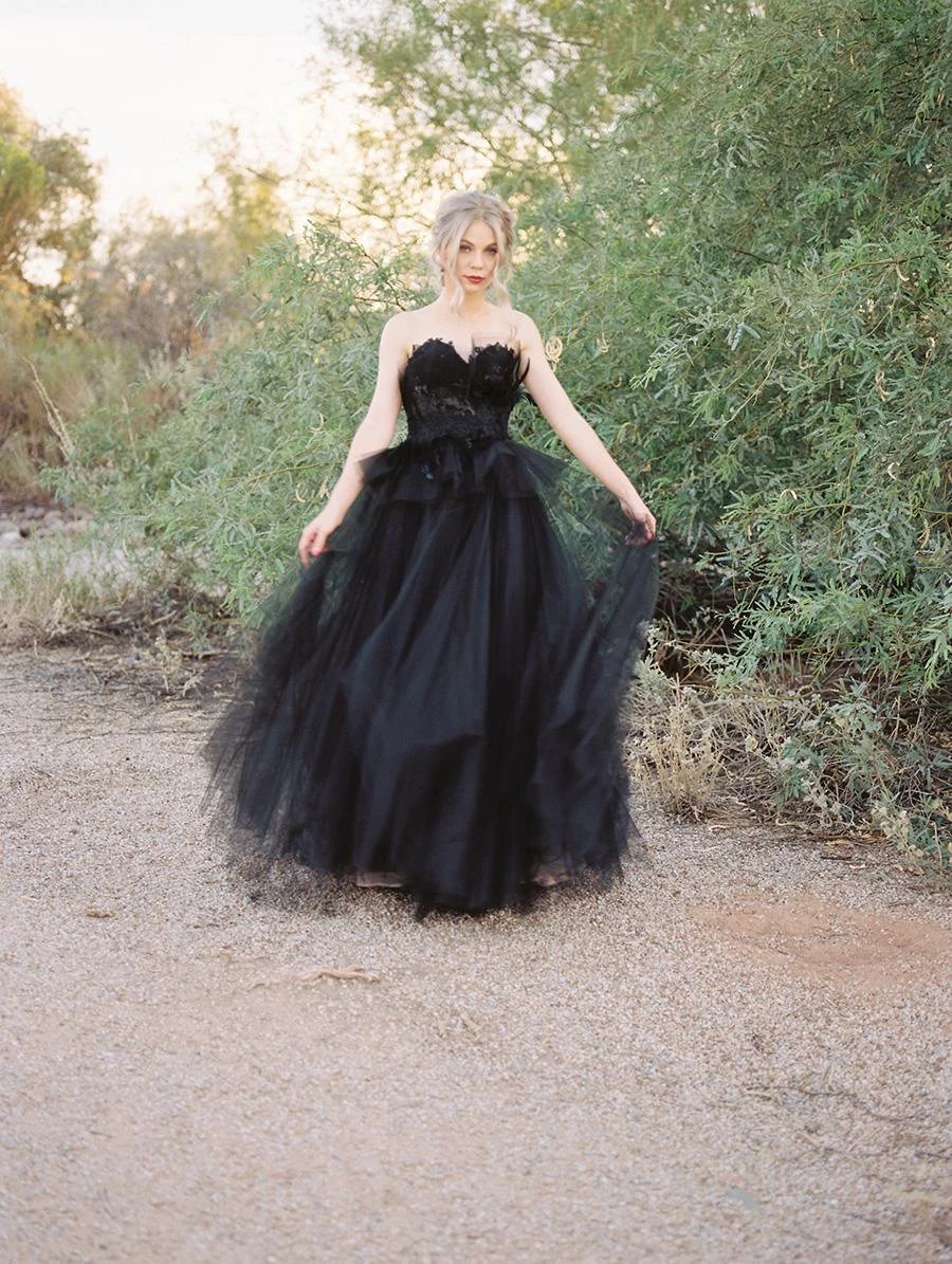 Classy Long Princess Sweetheart Open Back Tulle Black Wedding Dress with Lace (ZD15122)