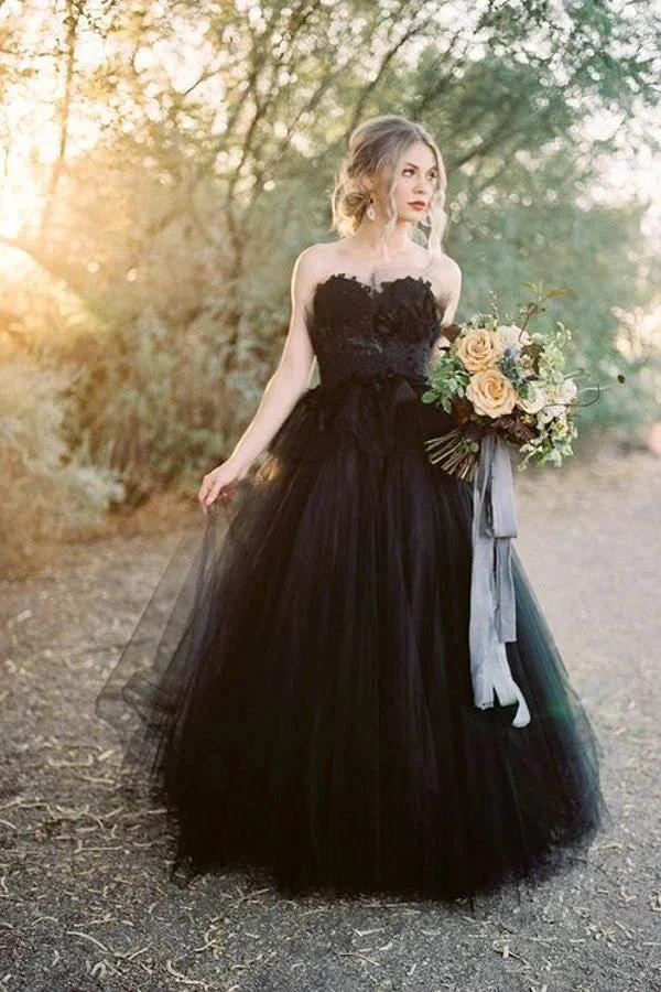 Classy Long Princess Sweetheart Open Back Tulle Black Wedding Dress with Lace (ZD15122)