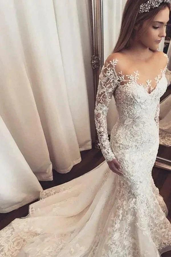 Classy Long Sleeve Sweetheart Appliques Lace Mermaid Wedding Dress With Tulle Ruffles (ZD15094)