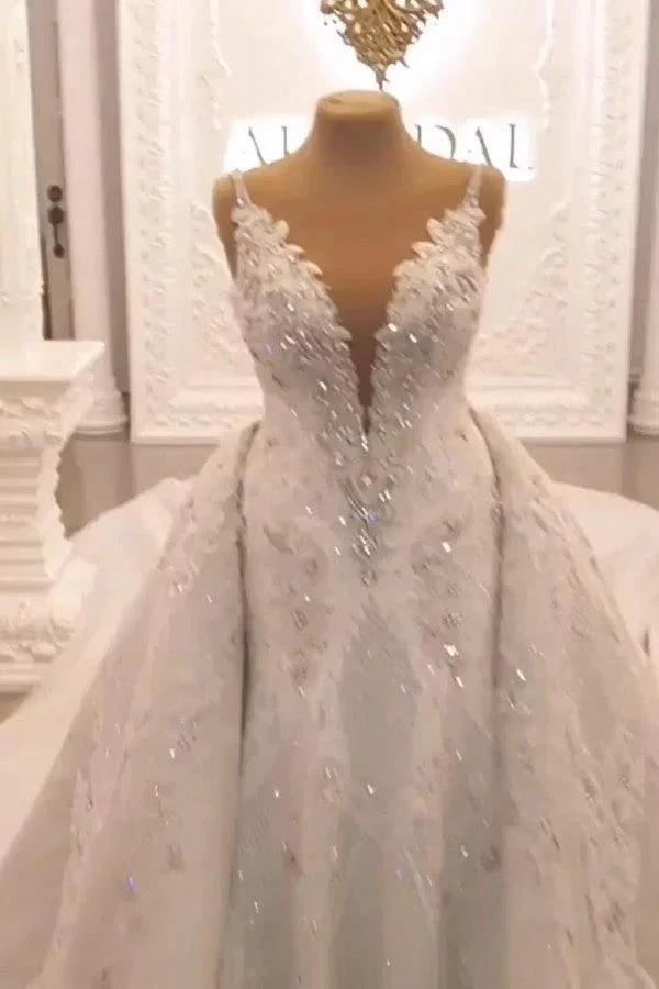 Classy Long Sweetheart Spaghetti Straps Appliques Lace Crystal Backless Wedding Dress (ZD15136) - VelvetHem