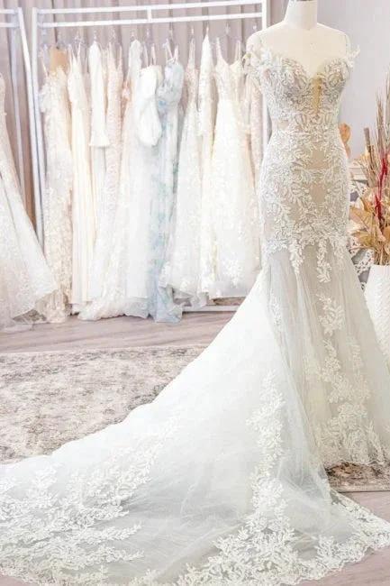 Classy Off-the-shoulder Sleeveless Mermaid Lace Wedding Dresses with Applique (ZD16563)