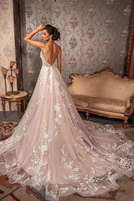 Classy V-neck Appliques Lace Spaghetti Straps Sleeveless A-Line Wedding Dresses (ZD16564)