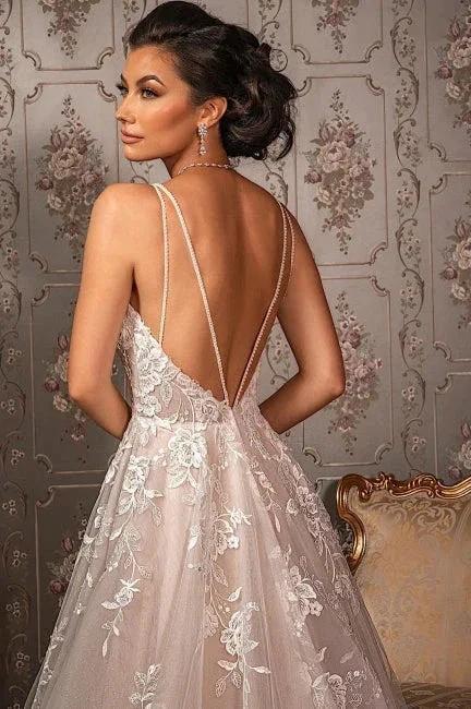 Classy V-neck Appliques Lace Spaghetti Straps Sleeveless A-Line Wedding Dresses (ZD16564)