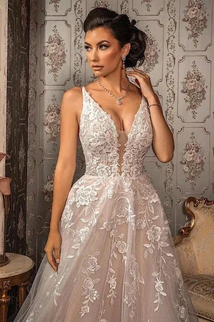 Classy V-neck Appliques Lace Spaghetti Straps Sleeveless A-Line Wedding Dresses (ZD16564)