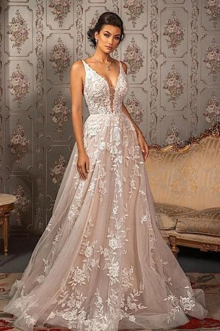 Classy V-neck Appliques Lace Spaghetti Straps Sleeveless A-Line Wedding Dresses (ZD16564)