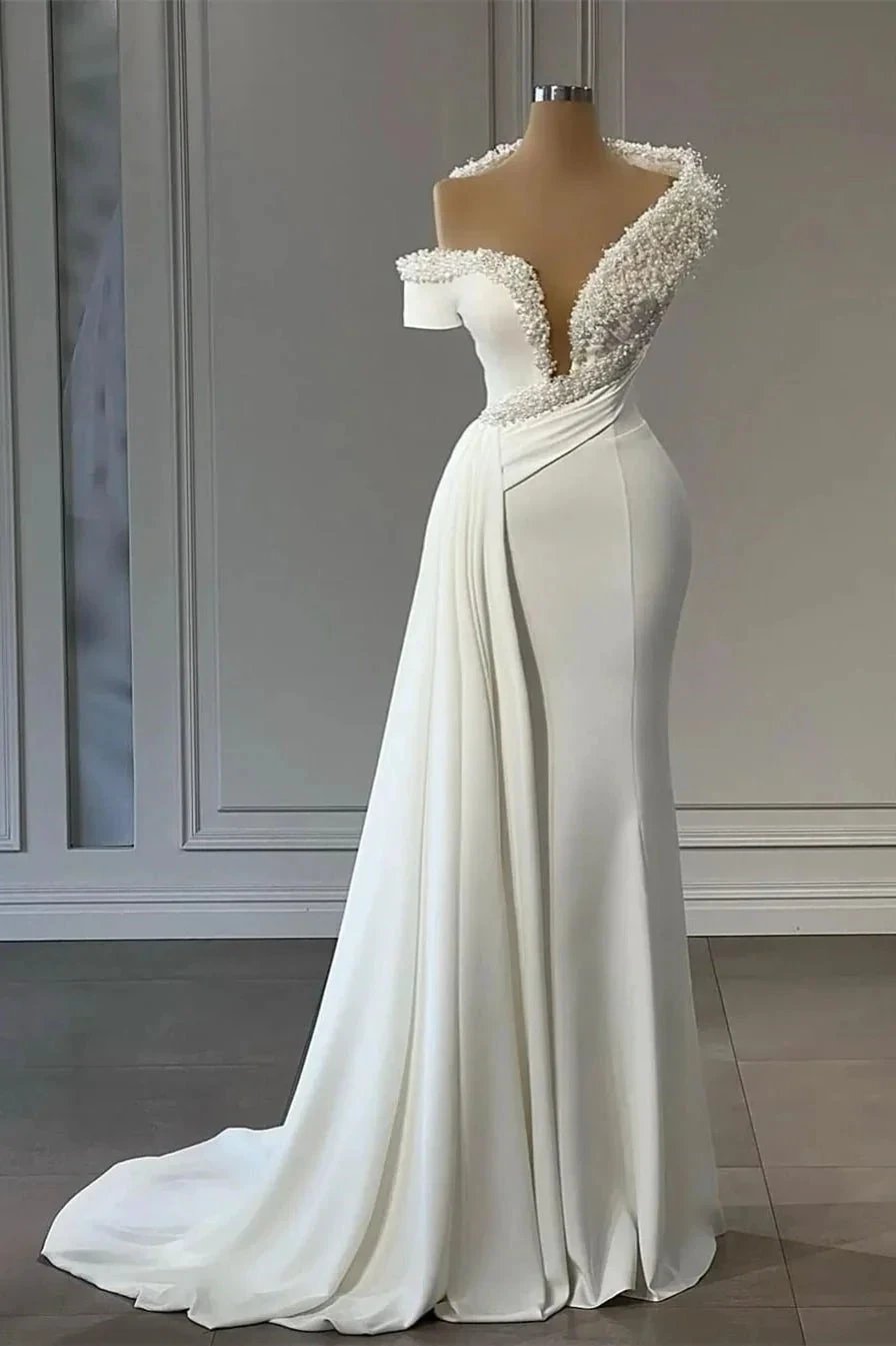 Classy V-neck Off-the-shoulder Beading Sleeveless Mermaid Wedding Dresses (ZD16550)
