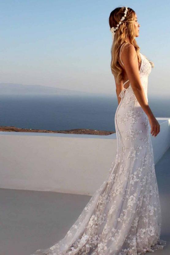 Cloth-fitting Floor Length Lace V-neck Spaghetti Open Back Prom Dresses Party Gowns With Lace Up