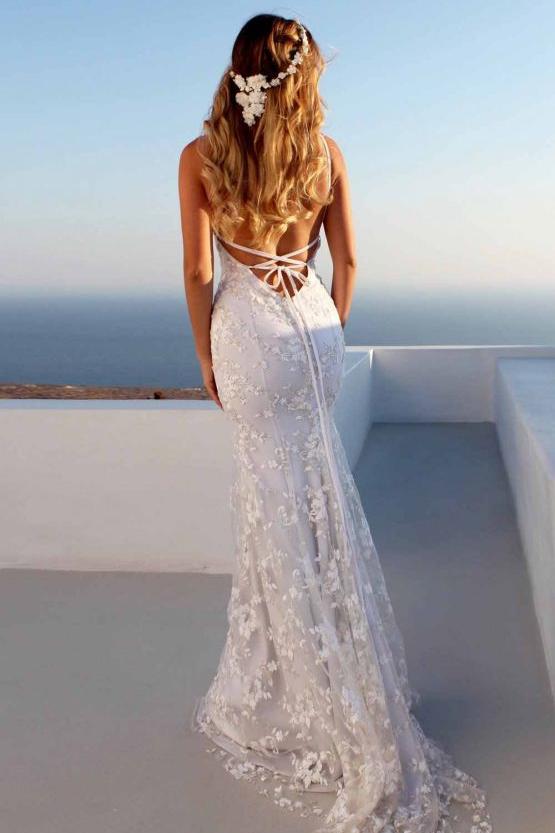 Cloth-fitting Floor Length Lace V-neck Spaghetti Open Back Prom Dresses Party Gowns With Lace Up