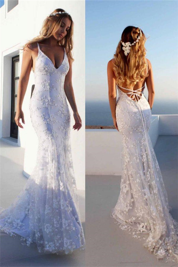 Cloth-fitting Floor Length Lace V-neck Spaghetti Open Back Prom Dresses Party Gowns With Lace Up
