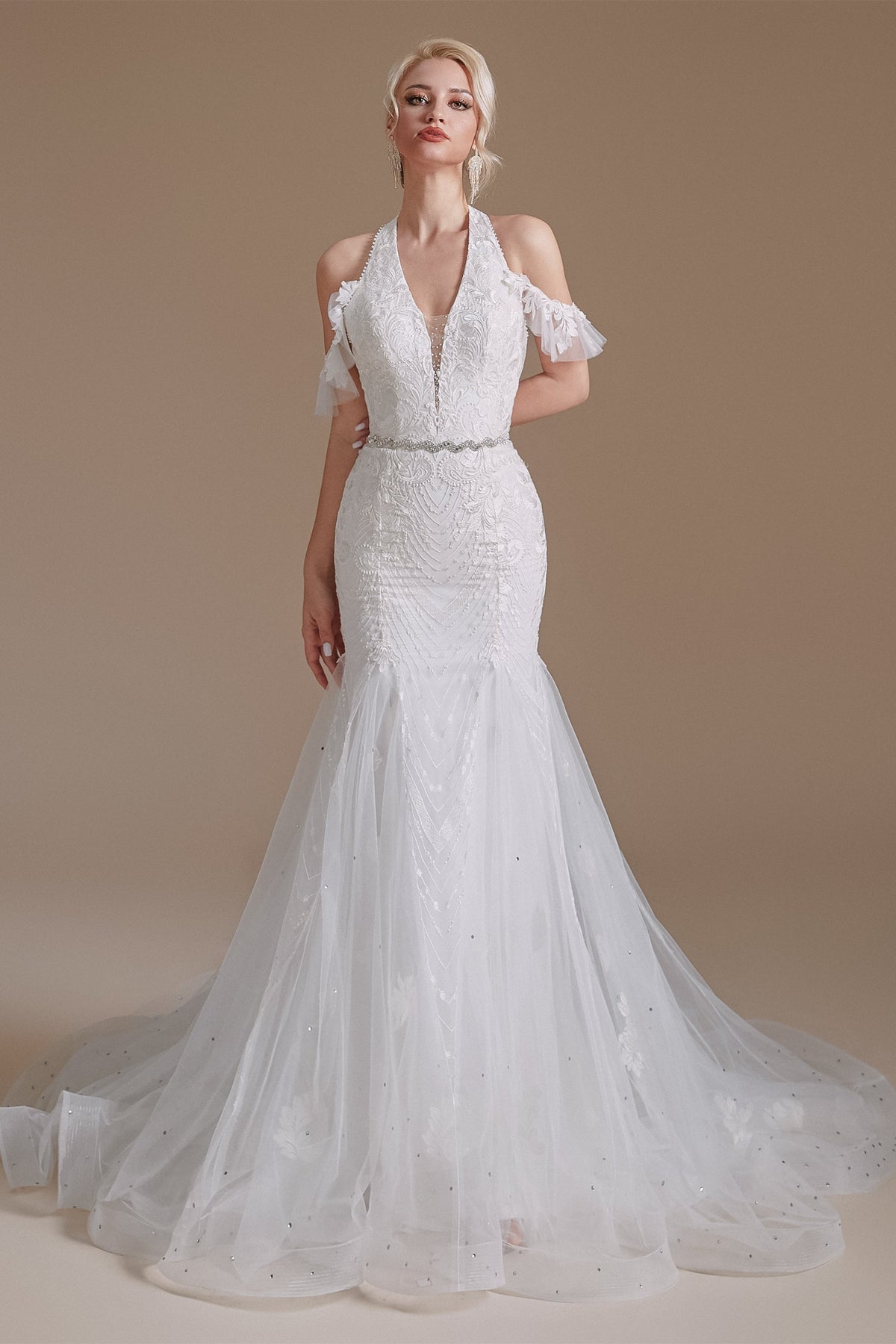 Cool Shouder V-Neck Court Applique Mermaid Wedding Dress