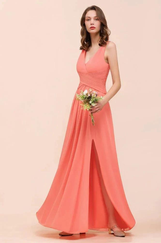 Coral Beach Bridesmaid Dress Front Split Wedding Party Dress (ZD12979)